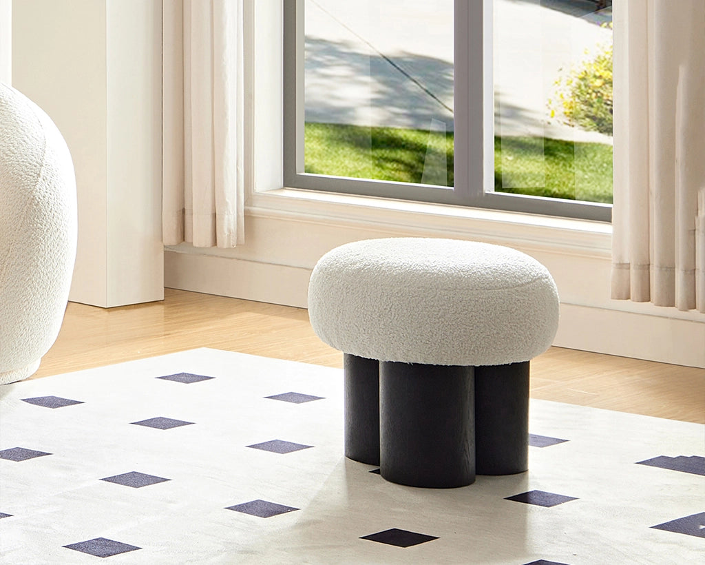 Mushroom stool, grieg plush cushion, wooden barrel PVC pipe