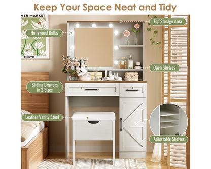 31.50“ Farmhouse Vanity Set w/ LED Mirror, Stool & Storage - White