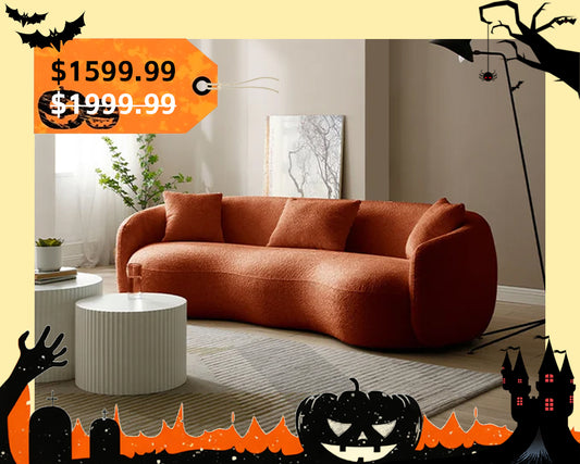 94.00" Mid-Century Modern Curved 4-Seat Boucle Sofa – Off-White Fabric Couch