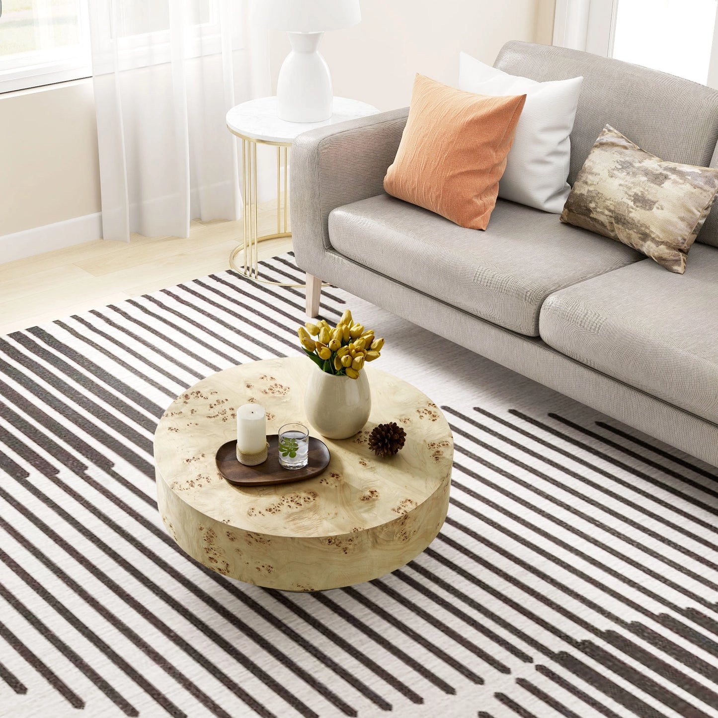 31.49''Mid Century Modern Round Wood Coffee Table with Burl Wood Veneer