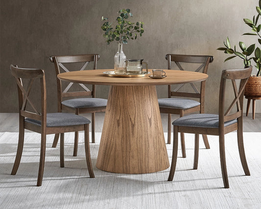 (1 Table with 4 Chairs)Wooden Dining Table Set, Modern Round MDF Kitchen Table and Boucle Upholstered Dining Chairs