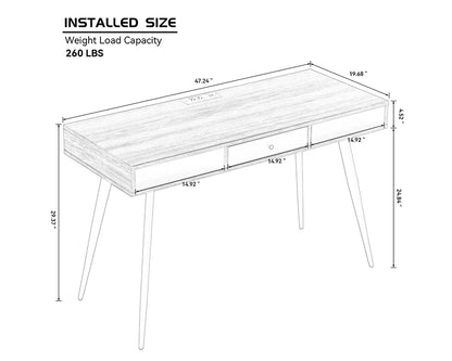 47.24" Mid Century Desk with USB Ports and Power Outlet, Modern Writing Study Desk with Drawers