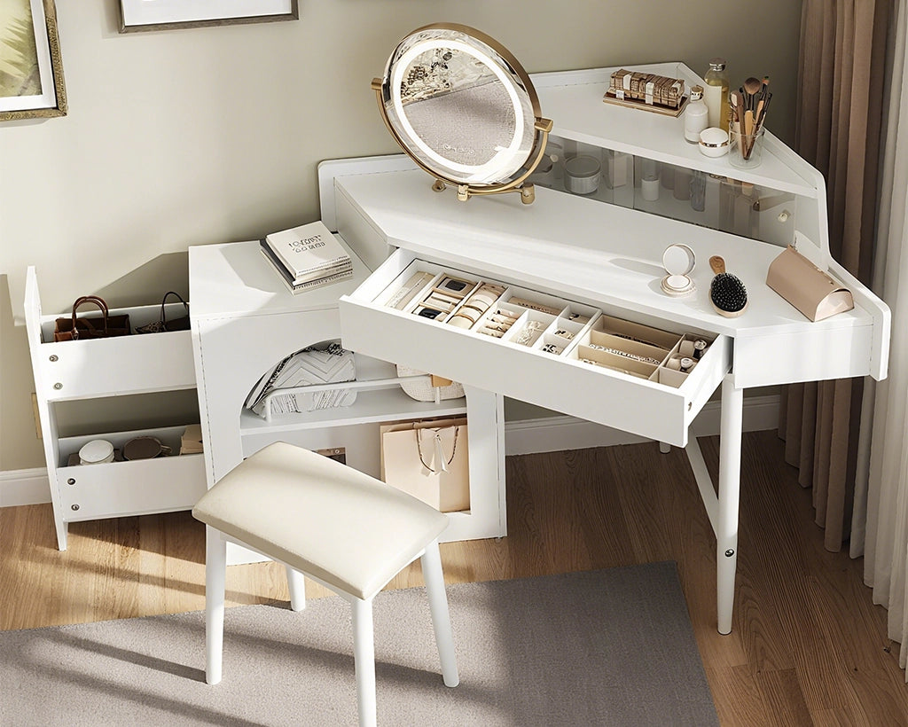 Corner Makeup Vanity Desk with LED Lights, Storage & Stool
