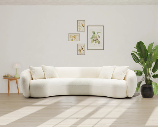 102'' 5-Seater Modern Boucle Sectional Sofa – Curved Half Moon Design in White Teddy Fleece Velvet