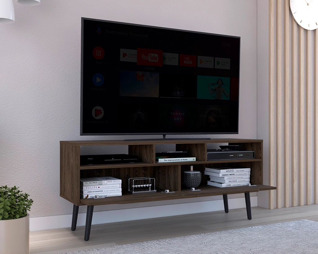 TV Stand for 52" TVs with 3 Open Shelves & 2 Drawers, Walnut Finish