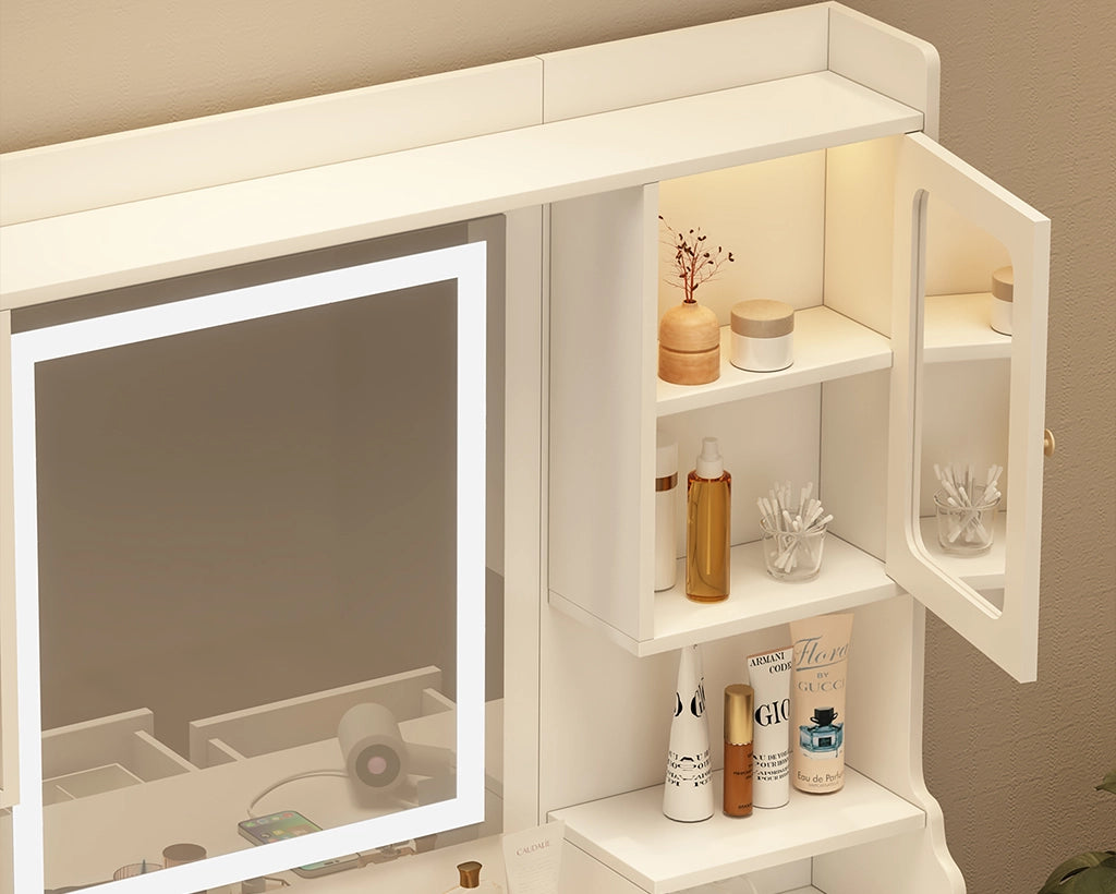 Large Vanity Table Set with Mirror, 6 Drawers & Shelves