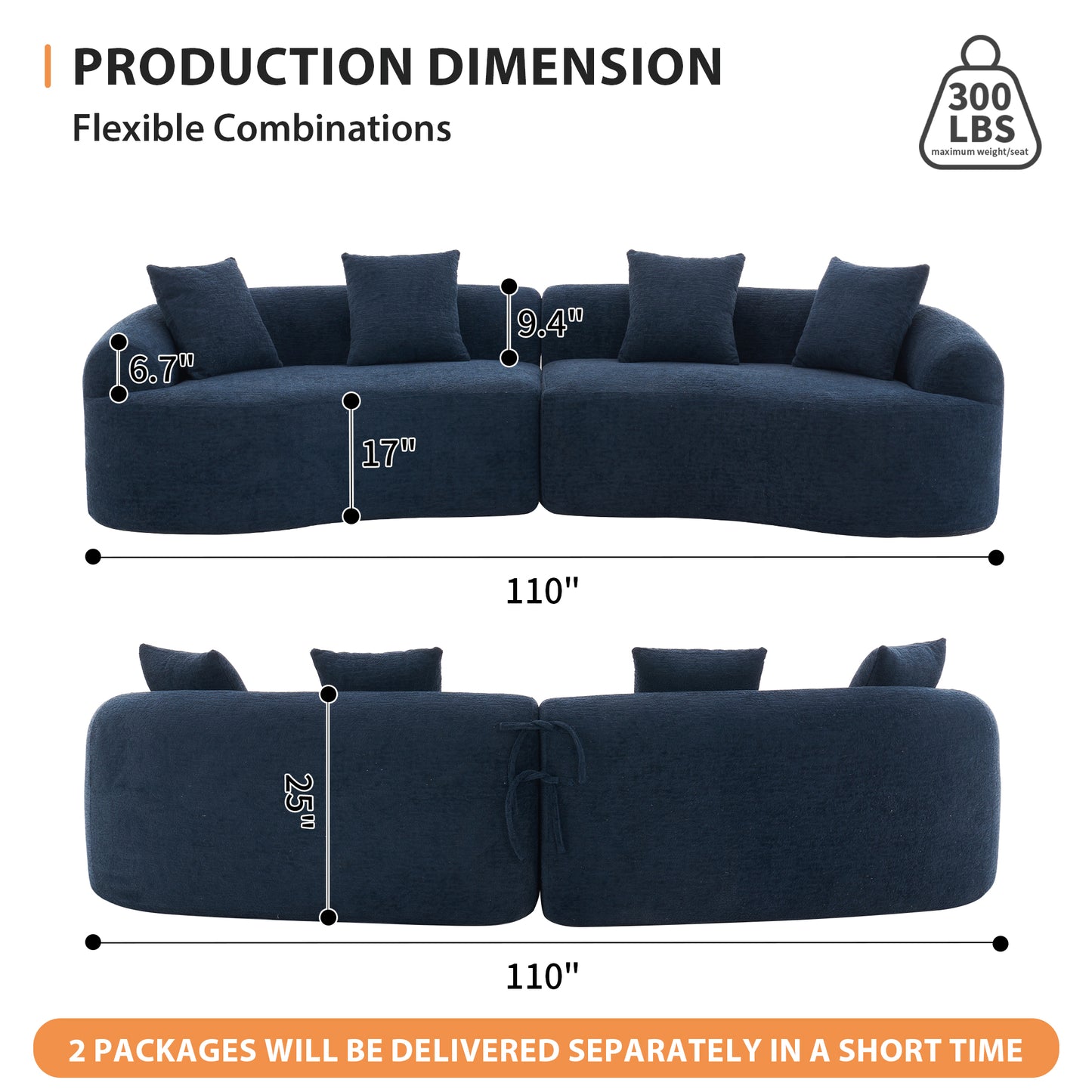 110" Chenille Curved Modular Boneless Sectional Sofa