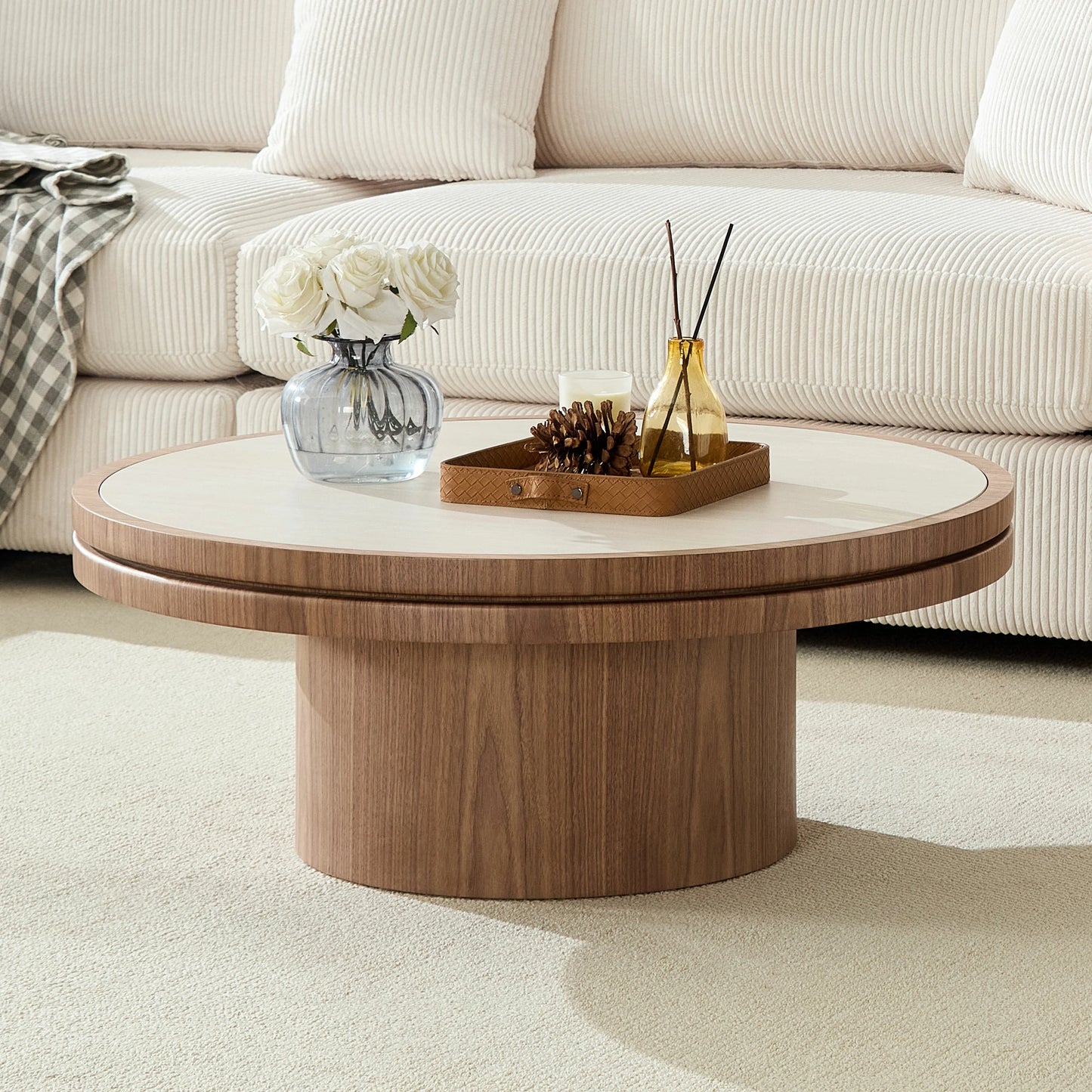 35.43" Sintered Stone Coffee Table – MDF Pedestal, Easy Assembly