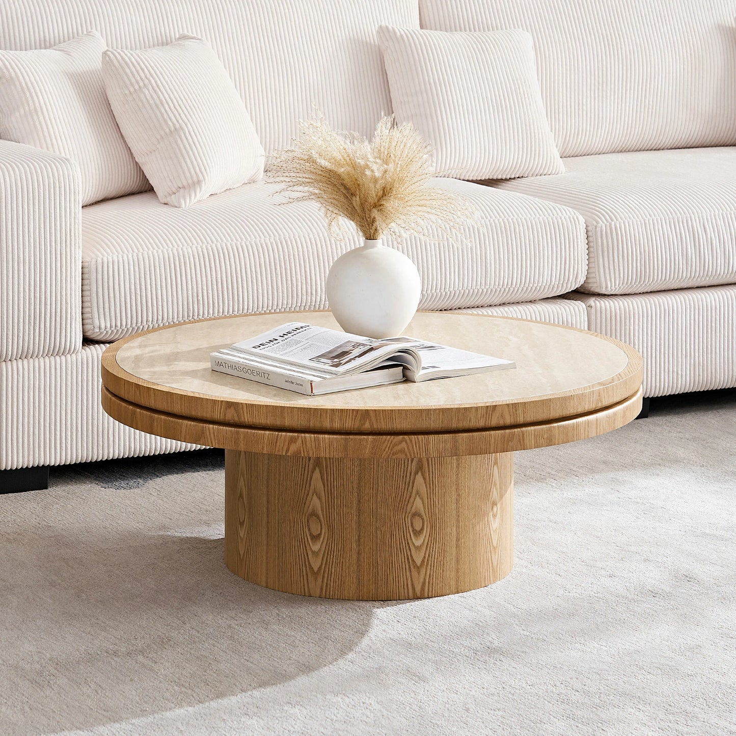 35.43" Sintered Stone Coffee Table – MDF Pedestal, Easy Assembly