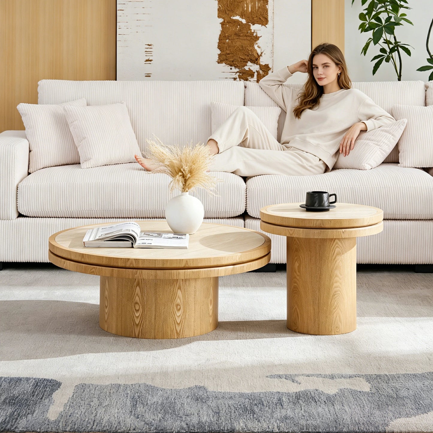 Set of 2 Round Coffee Tables – Sintered Stone Top, Walnut
