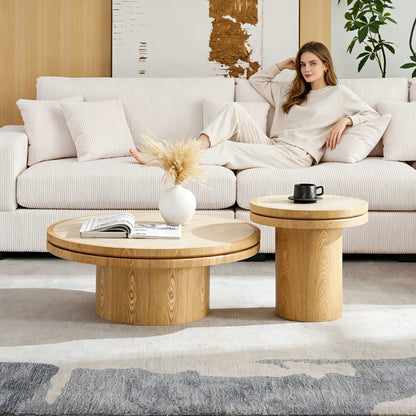 Set of 2 Round Coffee Tables – Sintered Stone Top, Walnut
