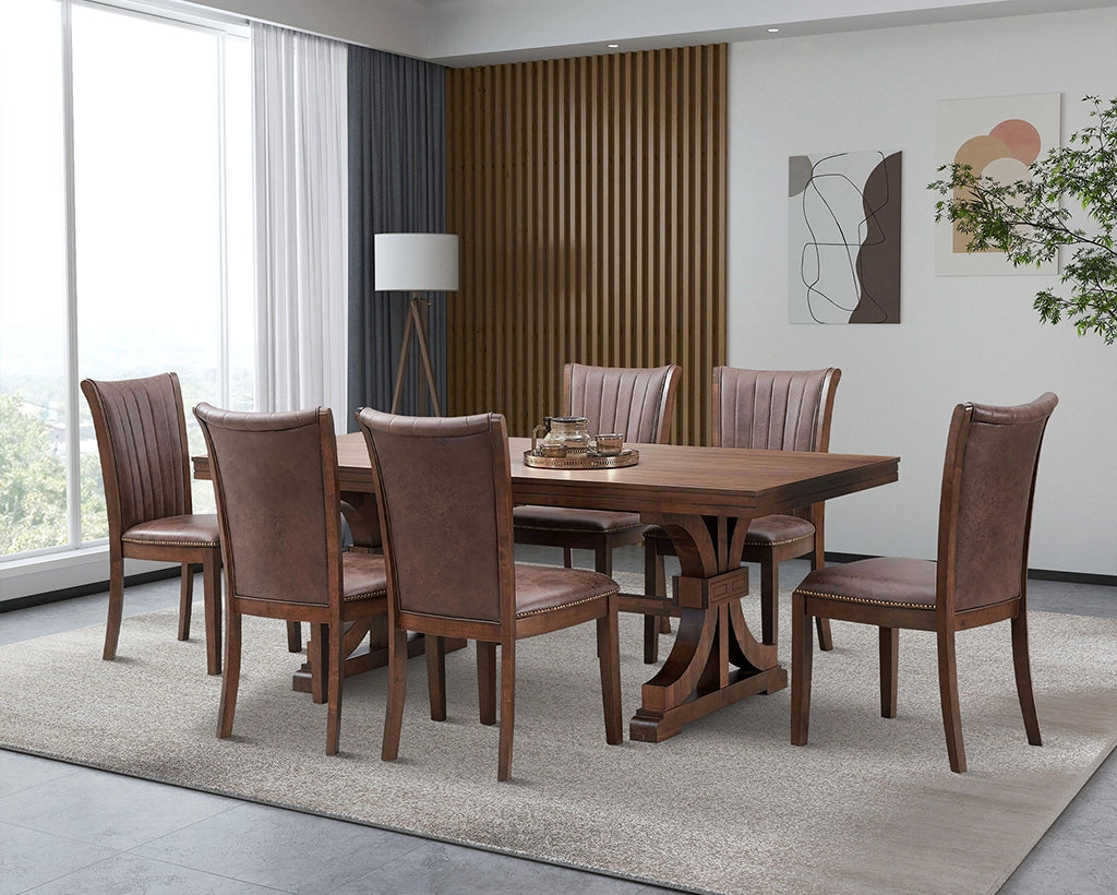 Mid Century Modern 7-Pc Dining Set: Faux Leather Chairs & Rubber Wood Table