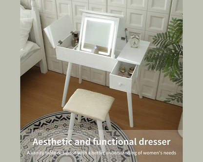 Vanity Desk Set with LED Mirror, Power Outlet & Storage