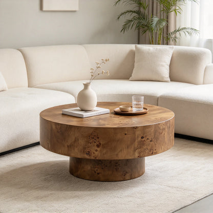 31.5" Round Wood Coffee Table with Burl Wood Veneer