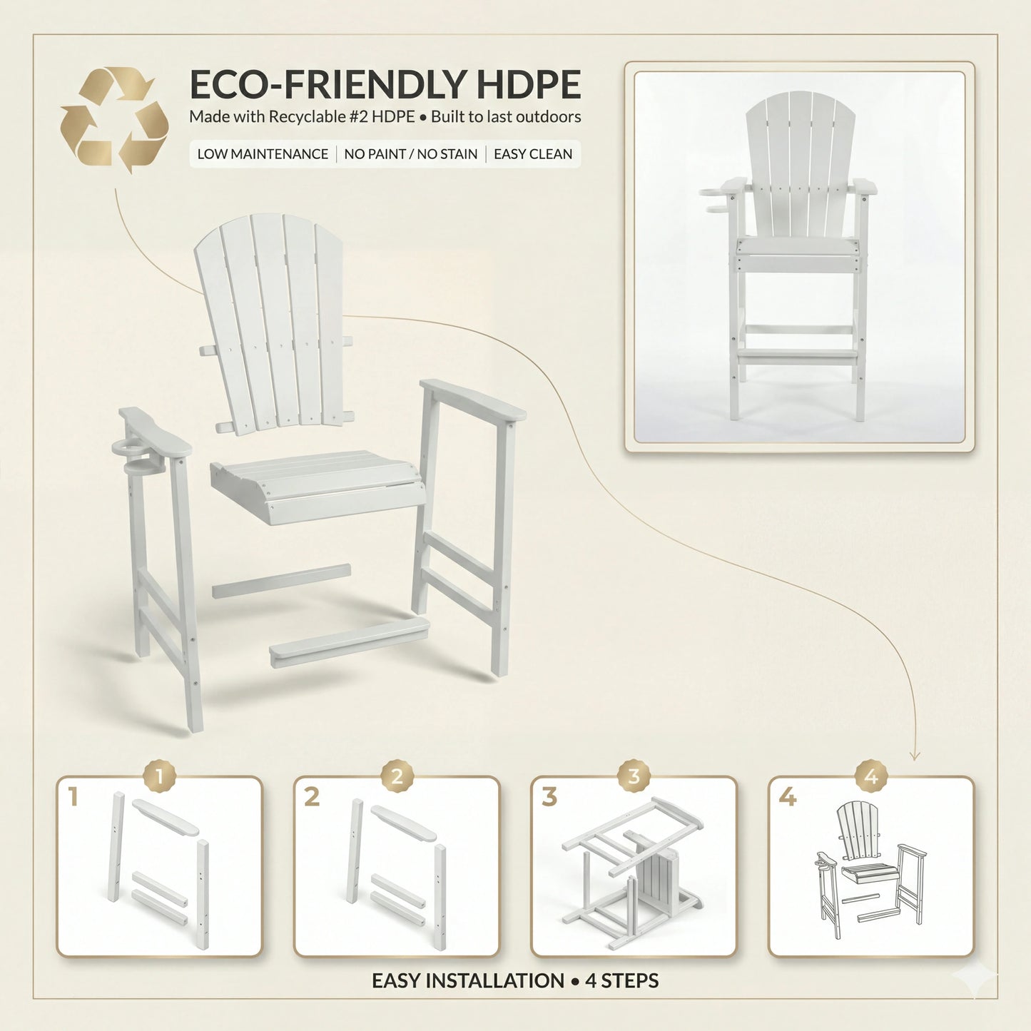 HDPE Bar Height Adirondack Chair – Cup Holder, UV/Weather Resistant