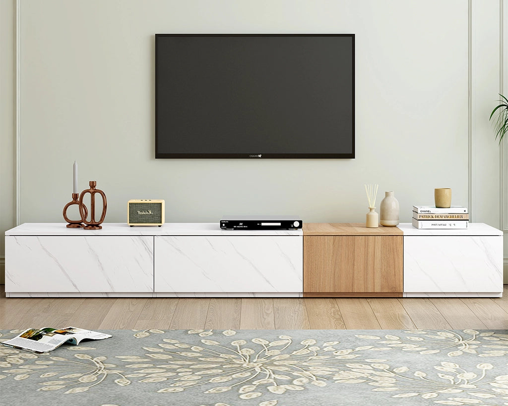 Modern TV Stand with Faux Marble & Walnut Finish for 88" TVs, 4-Drawer