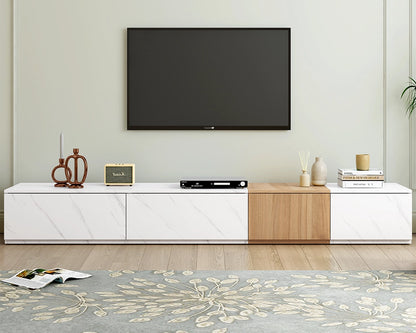 Modern TV Stand with Faux Marble & Walnut Finish for 88" TVs, 4-Drawer