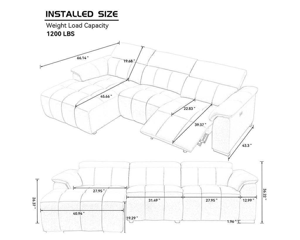 Modern Power Reclining Leather Sofa with Theater Seating & USB Port