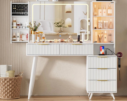 Makeup Vanity Desk with LED Mirror, Glass Top & Drawers - White