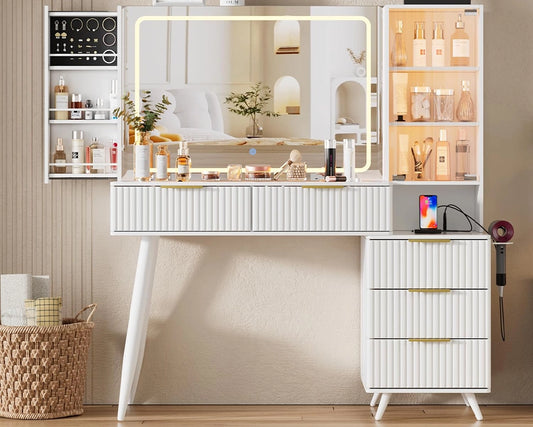 Makeup Vanity Desk with LED Mirror, Glass Top & Drawers - White