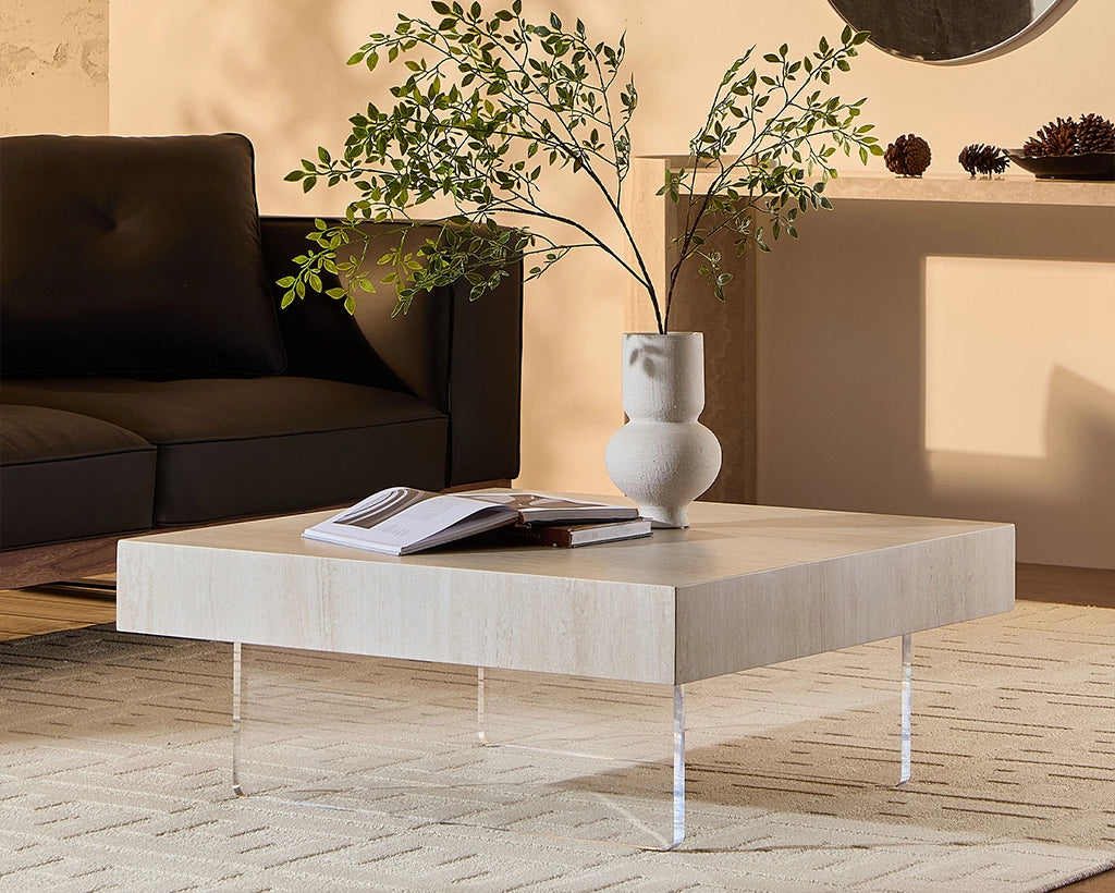 34.65'' Square Faux Travertine Coffee Table with Acrylic Legs, Modern MDF Design