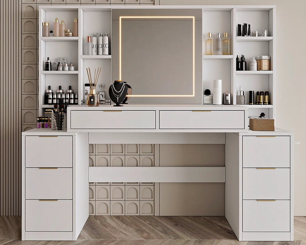 59" Makeup Vanity Desk with LED Mirror & 8 Drawers