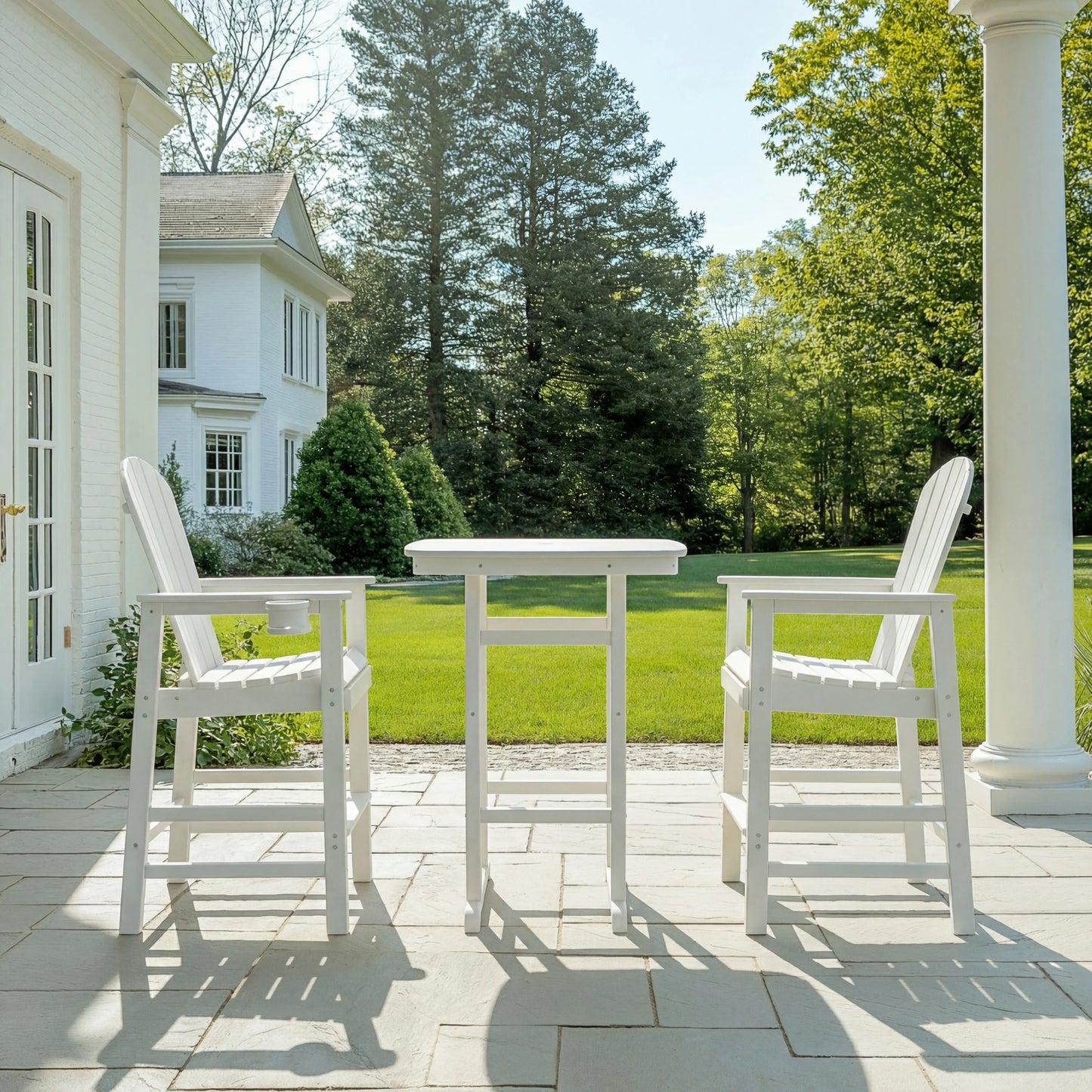 3-Piece HDPE Patio Set – High Table w/Umbrella Hole + 2 Stools
