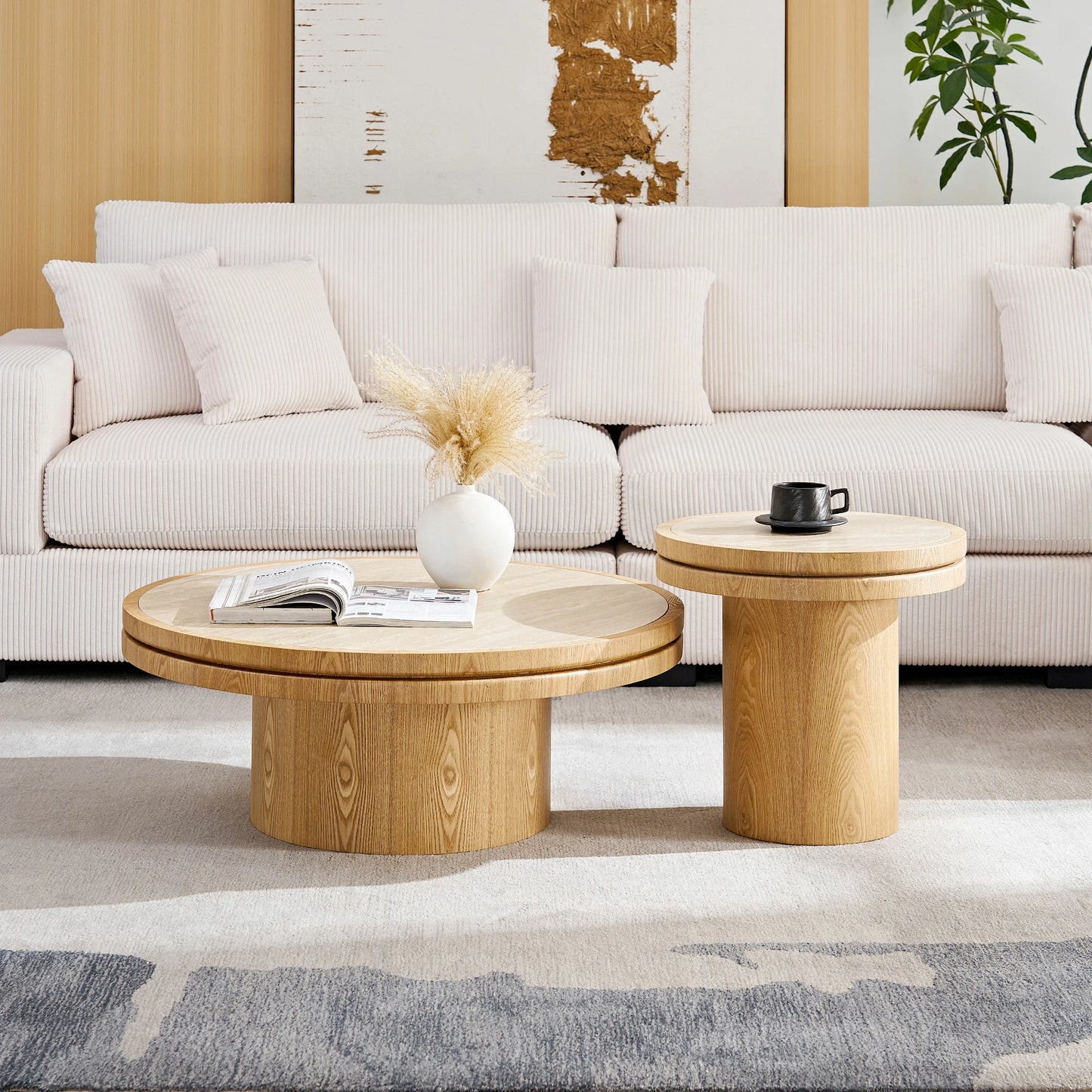 Set of 2 Round Coffee Tables – Sintered Stone Top, Walnut