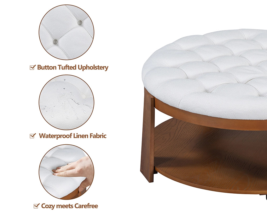 Modern Large Round Ottoman Coffee Table 2-Tier Oversized Button Tufted Ottoman