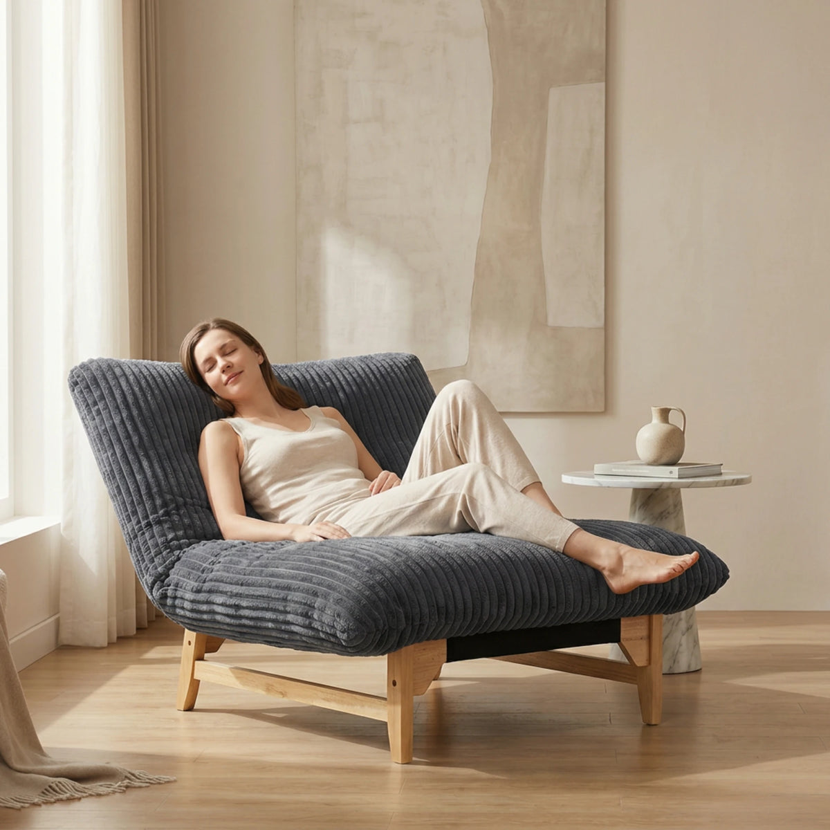 Bean Bag Chair with Solid Wood Frame – Corduroy Accent Lazy Sofa