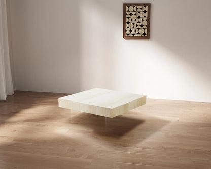 34.65'' Square Faux Travertine Coffee Table with Acrylic Legs, Modern MDF Design