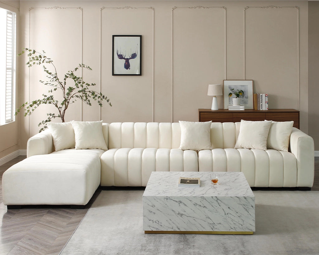 139'' Channel Tufted Sofa Velvet Upholstered Left Chaise Modular Sofa beige
