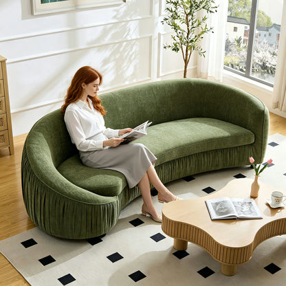 92" Cashew Modern Curved 4-Seat Sofa, Upholstered Fabric, Green/Orange