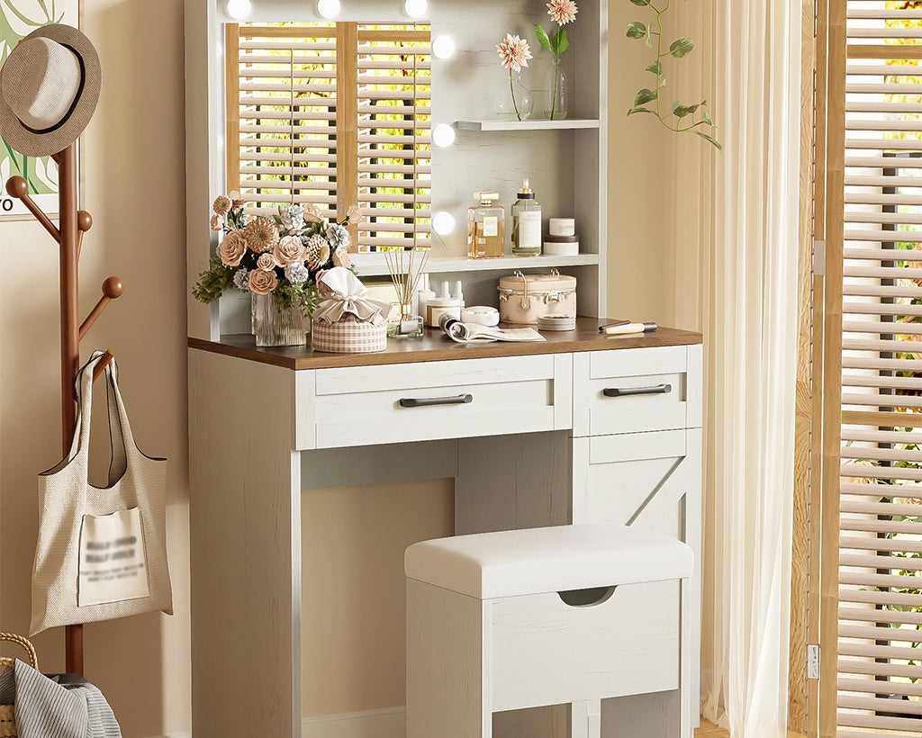 31.50“ Farmhouse Vanity Set w/ LED Mirror, Stool & Storage - White