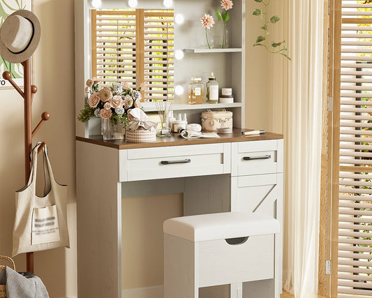 31.50“ Farmhouse Vanity Set w/ LED Mirror, Stool & Storage - White