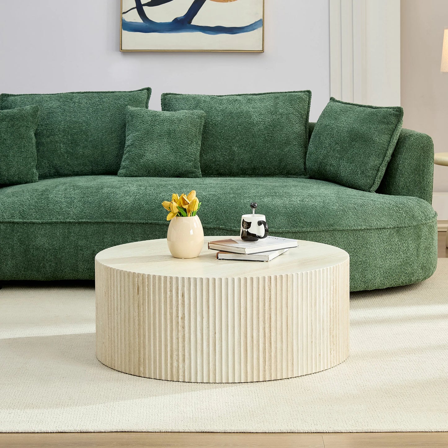 Faux Travertine Round Coffee Table with Eye-Catching Relief Design