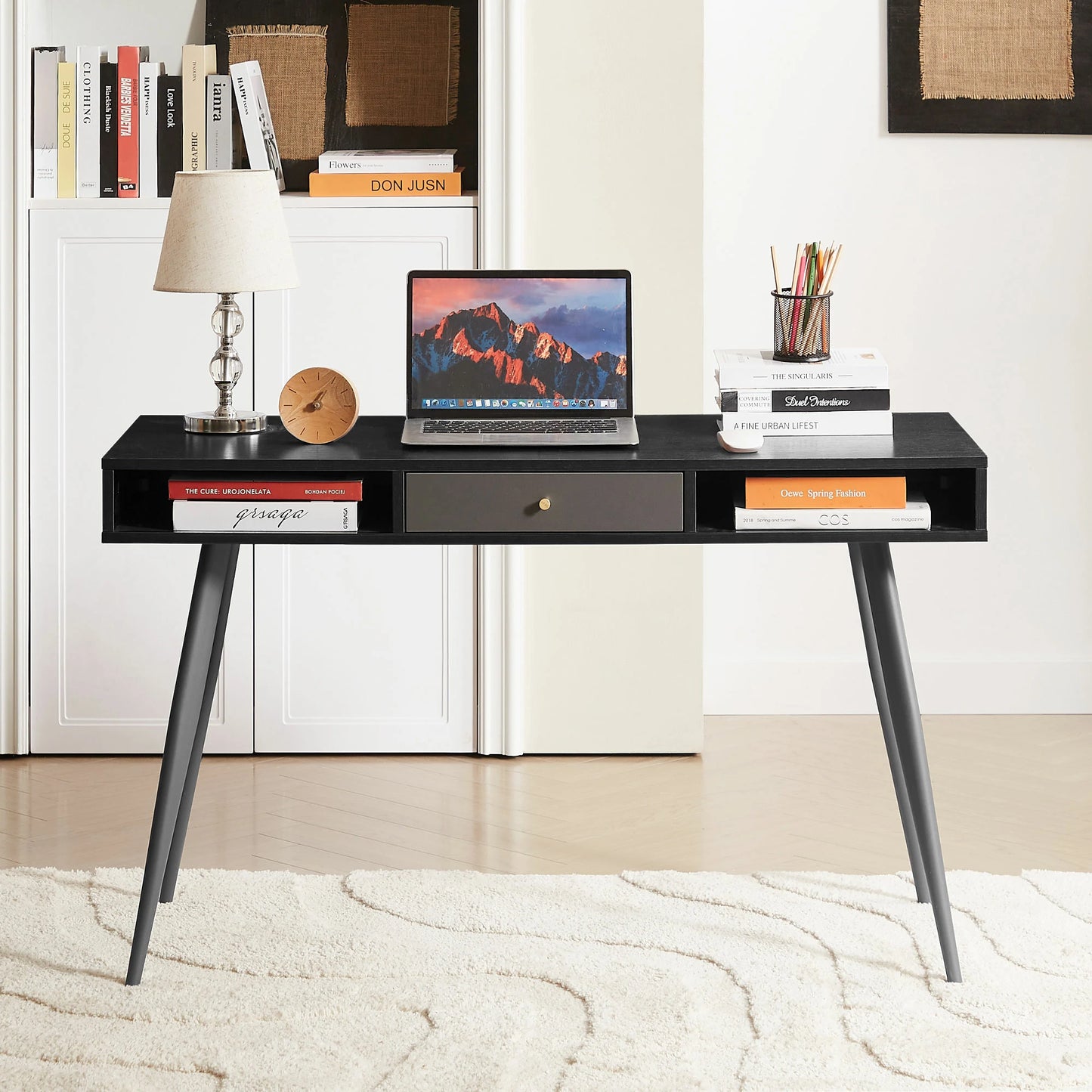 Modern Desk with USB Ports & Outlet, Drawers, Walnut & Black