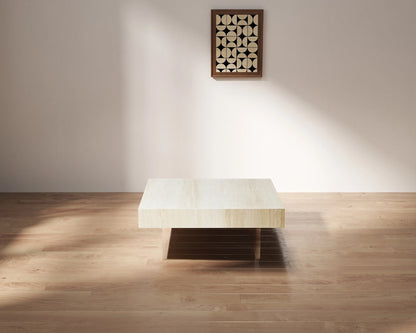34.65'' Square Faux Travertine Coffee Table with Acrylic Legs, Modern MDF Design