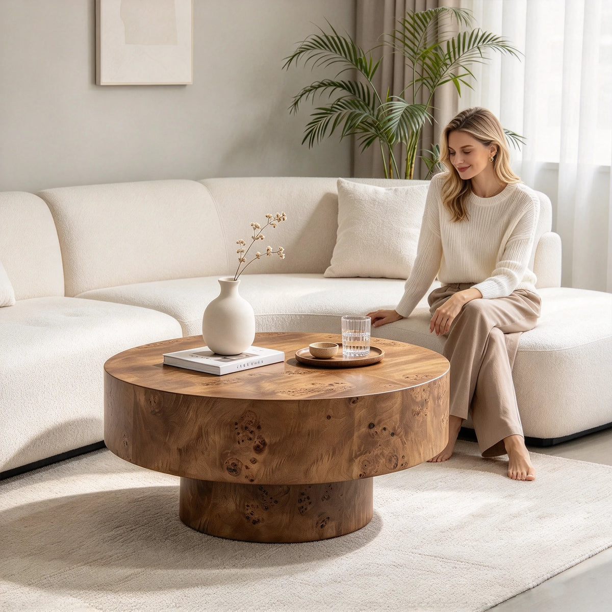 31.5" Round Wood Coffee Table with Burl Wood Veneer