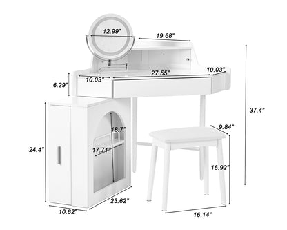 Corner Makeup Vanity Desk with LED Lights, Storage & Stool