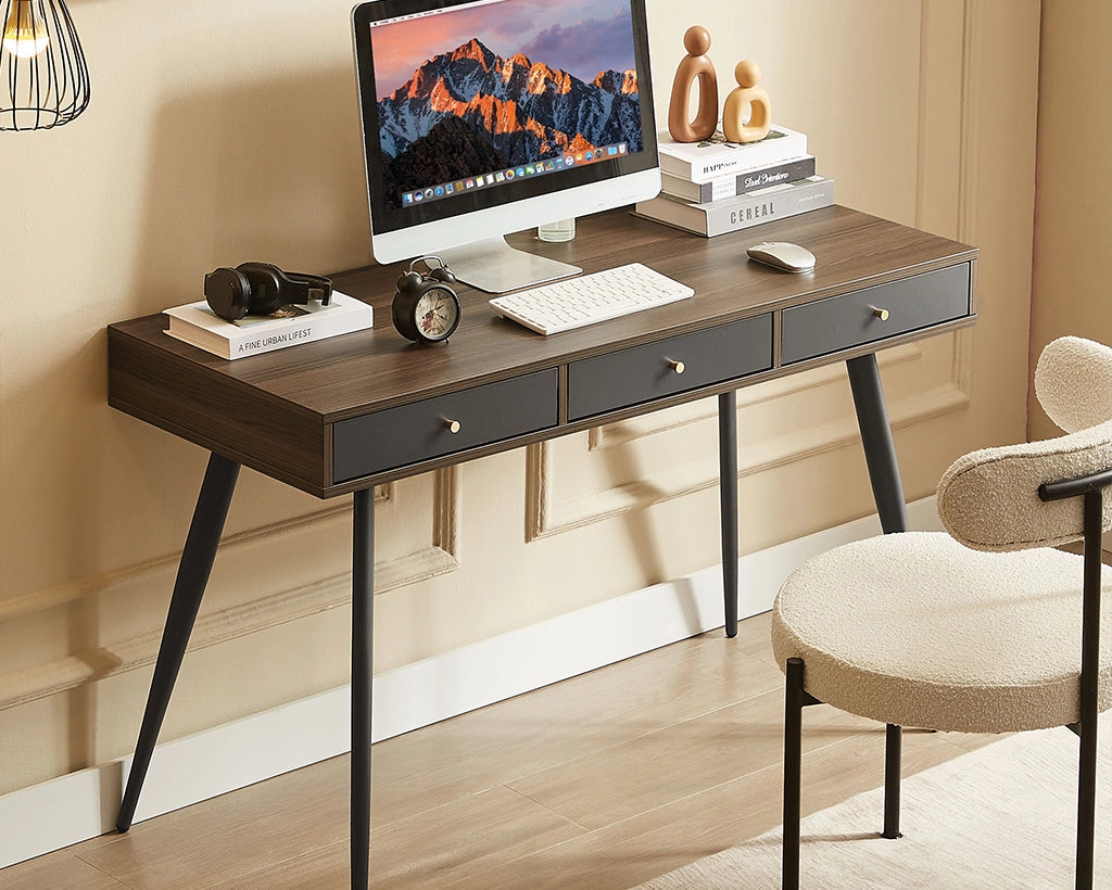 Mid Century Modern Desk with 3 Drawers, Walnut & Dark Grey