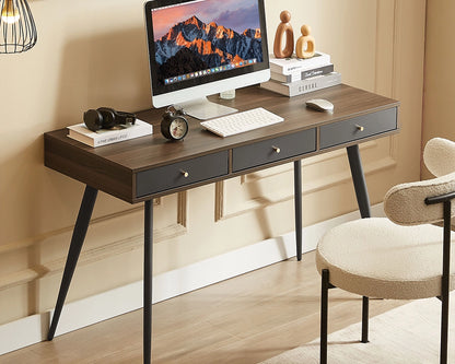 Mid Century Modern Desk with 3 Drawers, Walnut & Dark Grey