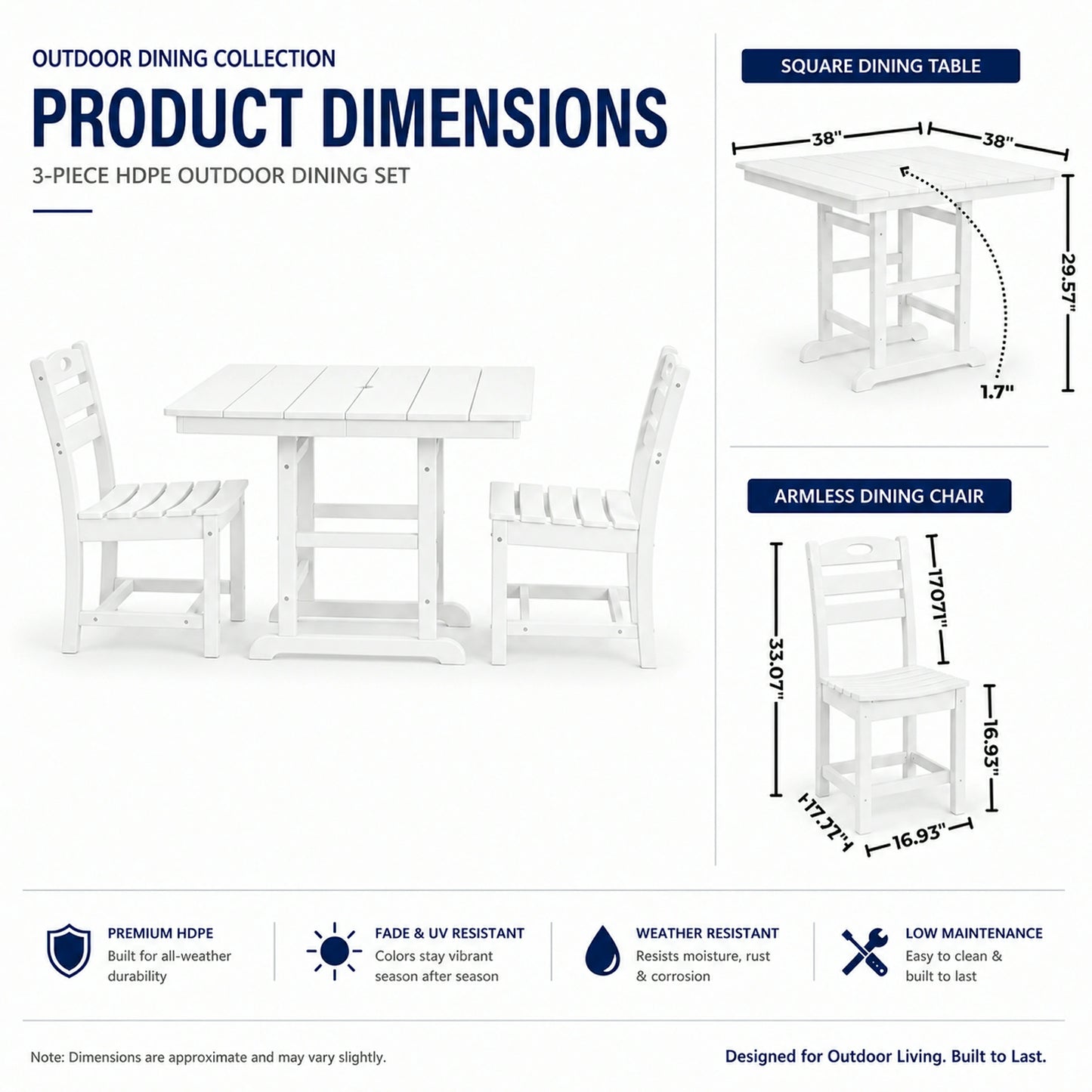 HDPE 3-Piece Bistro Set – Square Table with 2 Chairs, All-Weather