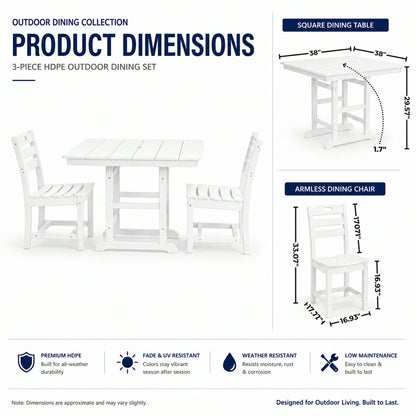 HDPE 3-Piece Bistro Set – Square Table with 2 Chairs, All-Weather