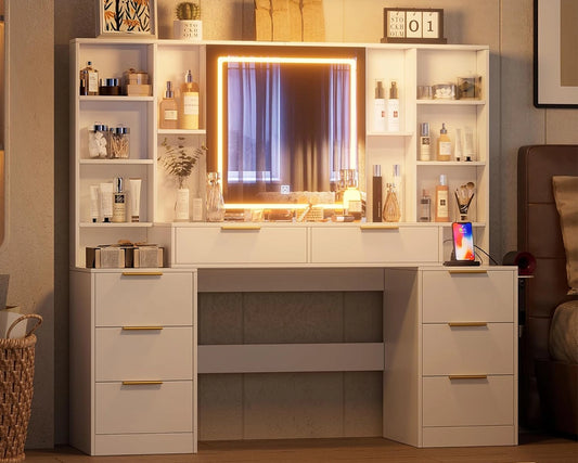 59" Makeup Vanity Desk with LED Mirror & 8 Drawers