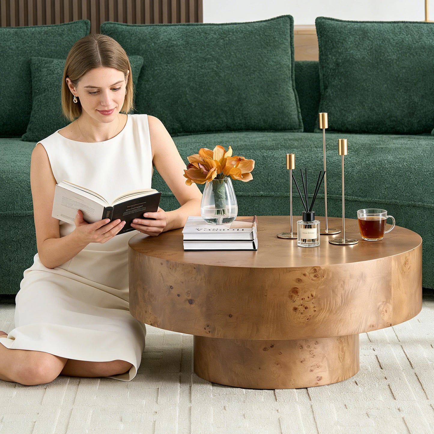 31.49''Mid Century Modern Round Wood Coffee Table with Burl Wood Veneer