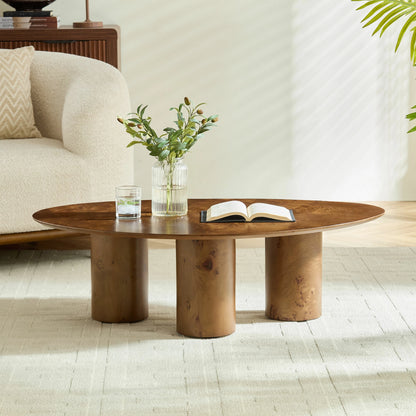 43.31" Burl Veneer Oval Coffee Table – 3 Cylindrical Legs, Mid-Century