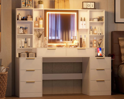 59" Makeup Vanity Desk with LED Mirror & 8 Drawers