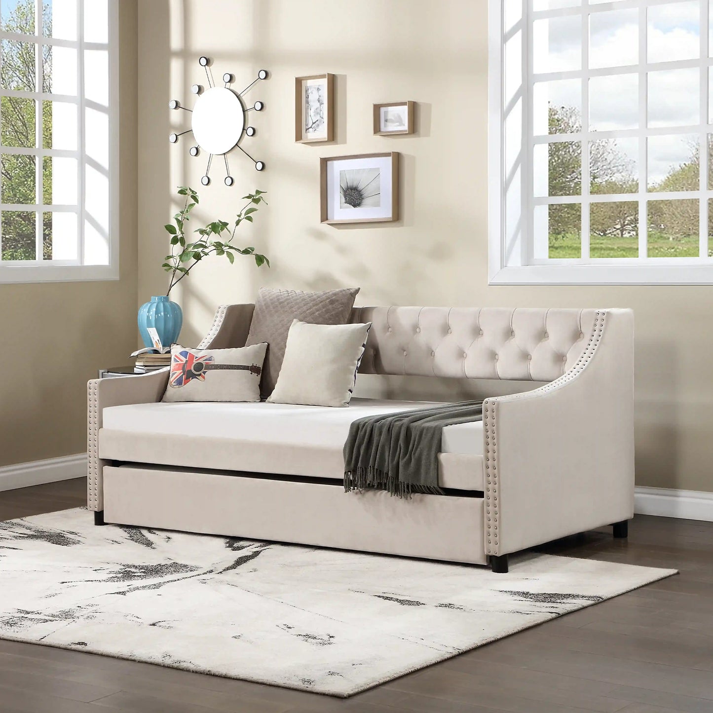 Daybed with Trundle Upholstered Tufted Sofa Bed, with Button and Copper Nail on Arms