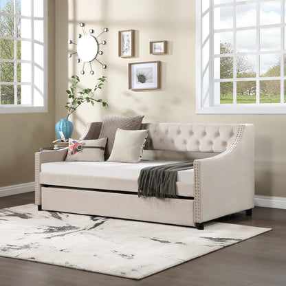 Daybed with Trundle Upholstered Tufted Sofa Bed, with Button and Copper Nail on Arms